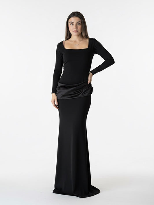 Vestido manga larga detalle de satén negro