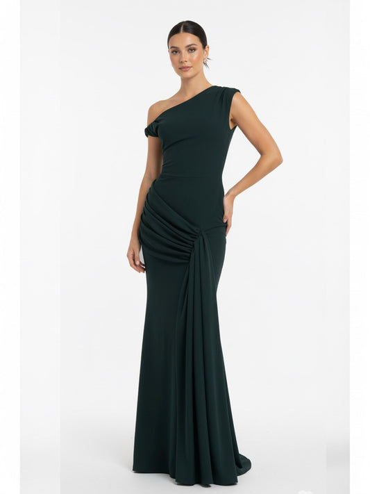 Vestido hombro caído plisado verde botella