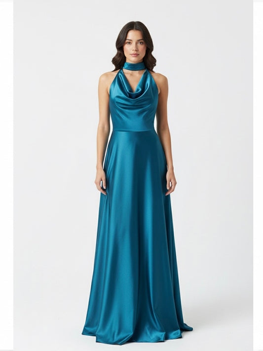 Vestido cuello colgante azul petroleo
