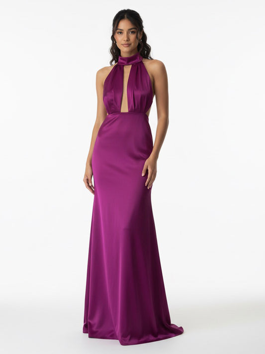 Vestido halter satén bugambilia.