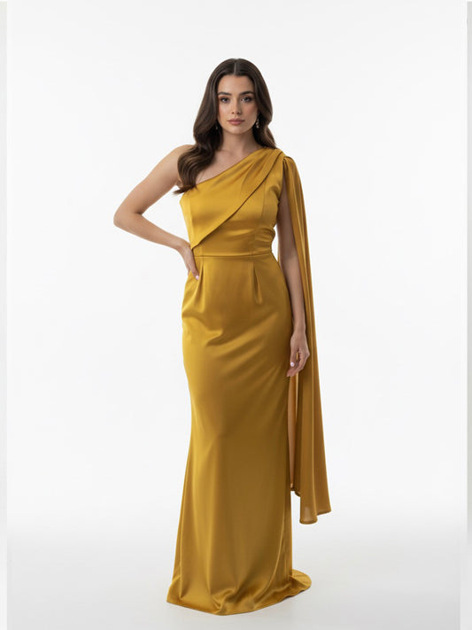 Vestido manga shiffon mostaza.