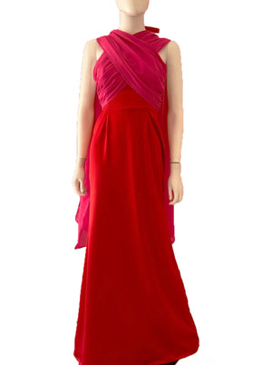 Vestido multi forma halter rojo con rosa.