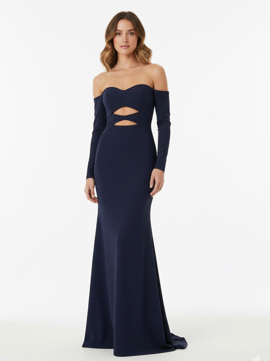 Vestido cortes sin hombros azul marino.