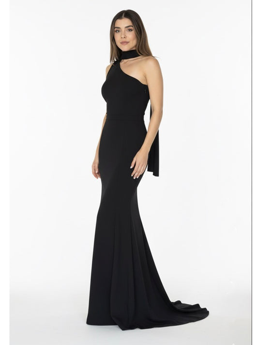 Vestido sirena cinta un hombro negro.