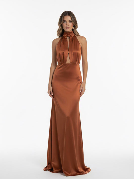 Vestido halter satén escote terracota