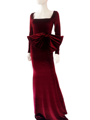 Vestido velvet moño escote cuadro  tinto