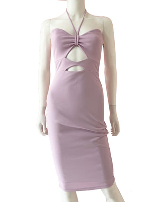 Vestido cortes halter midi lavanda.