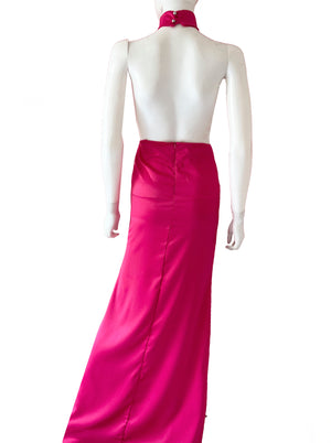 Vestido halter satén rosa mexicano.