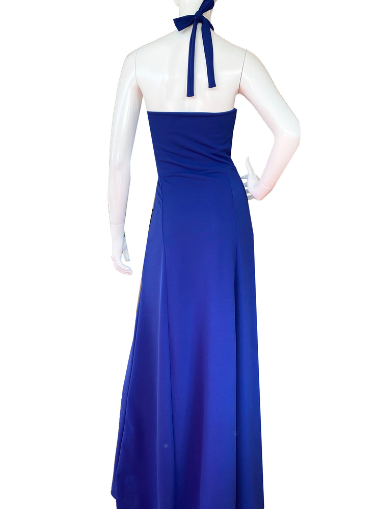 Vestido halter escote tirangulo azul rey.