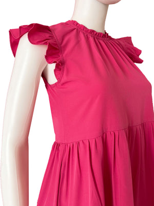 Vestido corto volantes fucsia.